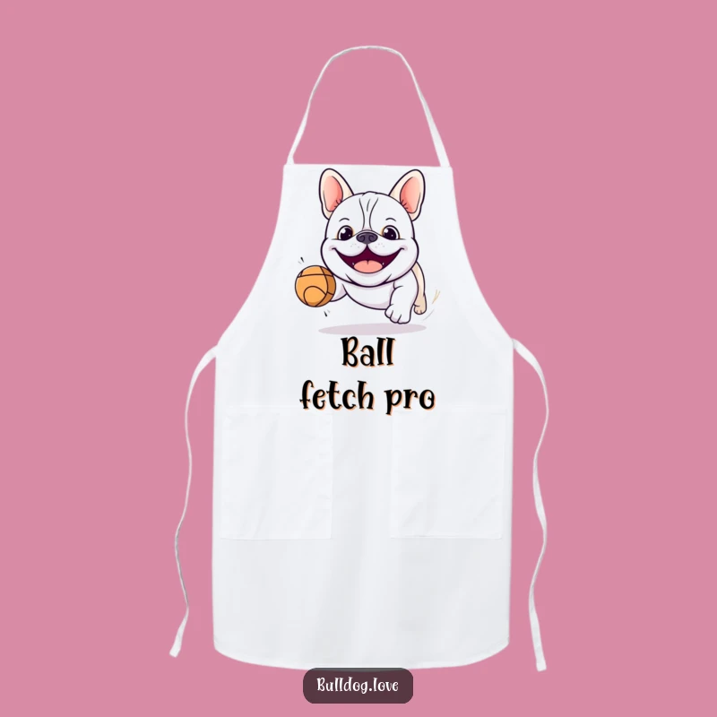 Funny Kawaii Bulldog Chasing Ball Apron: Kitchen Humor Chef Gift