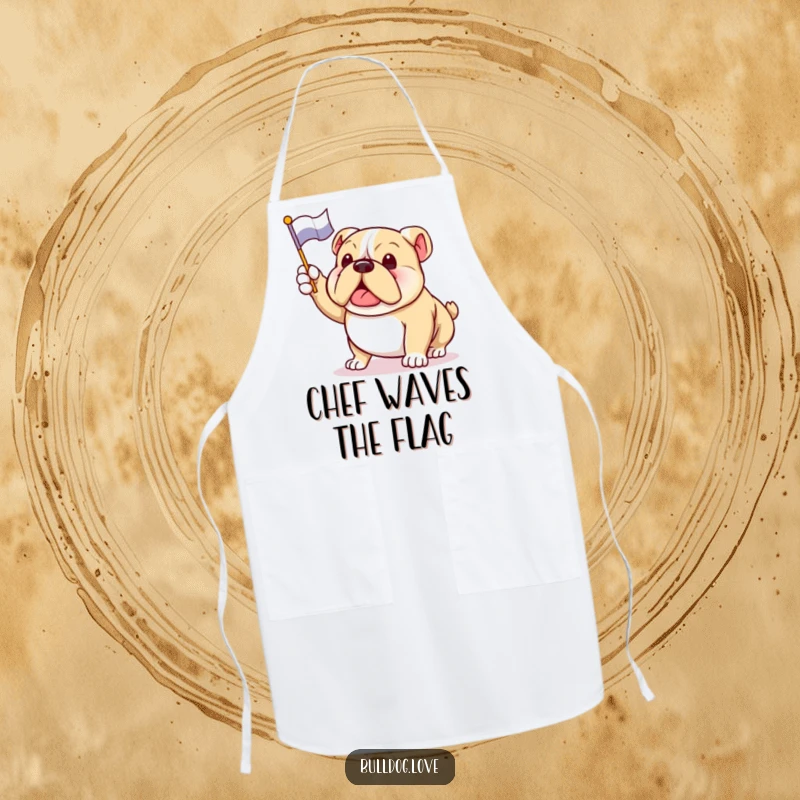 Funny bulldog apron showing an enthusiastic dog waving a flag, ready to bring cheer to the kitchen.