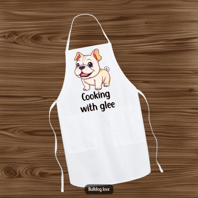 Funny happy bulldog apron, durable fabric, featuring a dog with bright eyes and a wagging tail.
