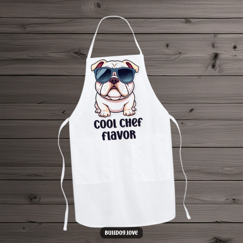Funny bulldog apron showing a dog wearing oversized sunglasses, looking cool and ready to whip up some fun.