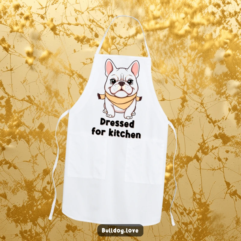 Funny Bulldog Apron: A determined bulldog wearing a tiny scarf, ready for kitchen adventures with a confident grin. Great funny gift.