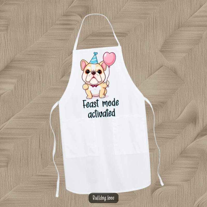 Funny bulldog party apron showing a dog wearing a party hat and holding a festive balloon.