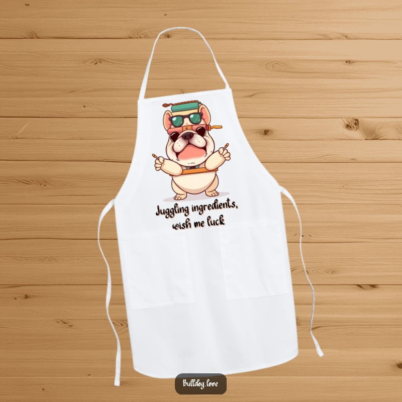 Funny bulldog attempting to balance stacked items, printed on a practical apron for humorous and challenging cooking sessions.