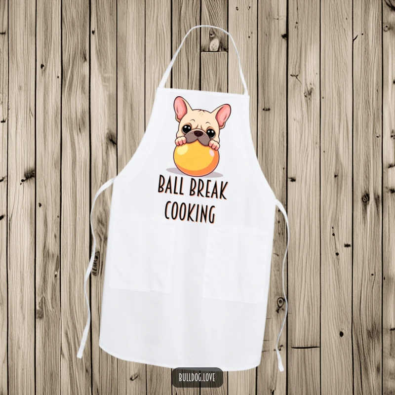 Funny Bulldog Apron: A bulldog peeking over a large, colorful ball, ready for kitchen fun. Great funny gift.