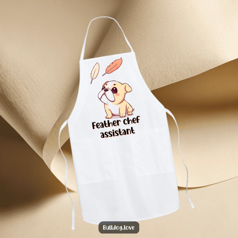 Funny bulldog apron, gazing with adoration at a floating feather, exuding gentle wonder, ideal for cooking.