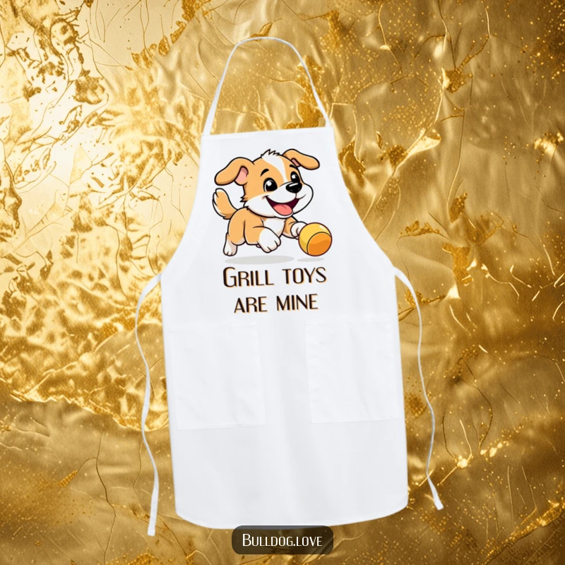 Funny Energetic Dog Apron: Energetic dog with a wide grin, playfully chasing a bouncy toy in a funny kitchen scene.