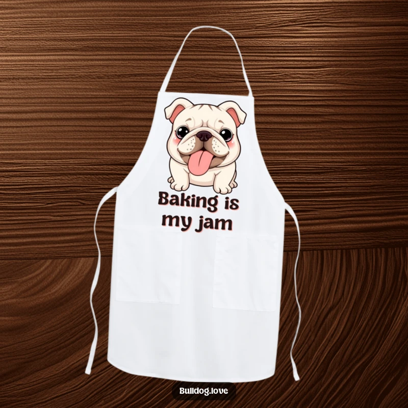 Funny kawaii bulldog apron, durable fabric, with a cute wrinkly dog sticking its tongue out playfully.