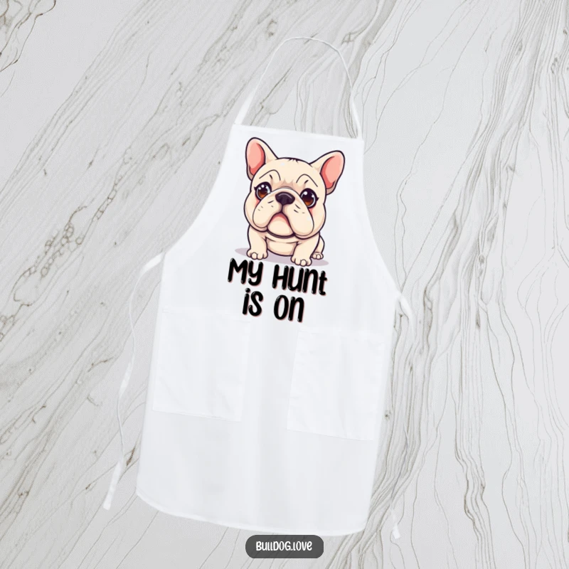 Funny Apron: A cute bulldog with sparkling eyes is shown in a hilarious pose, completely captivated by a red laser dot.