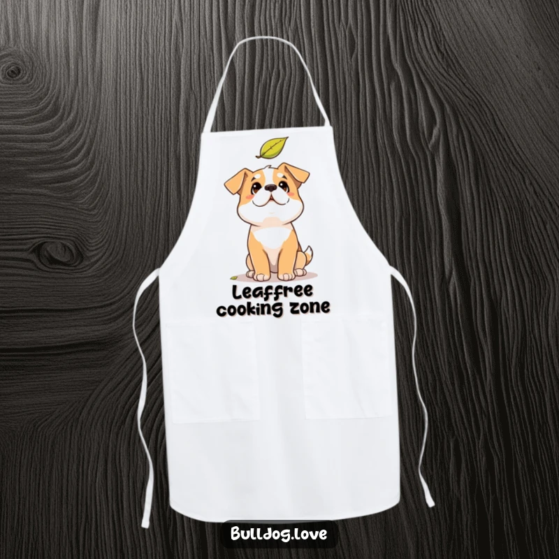 Funny Solid Dog Apron: Solid build dog looking up with a funny, amused expression at a falling leaf in a kitchen setting.