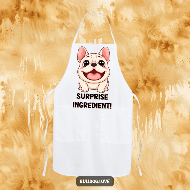 Funny apron featuring a surprised bulldog with wide eyes, mid-woof, ready to bring humorous excitement to the kitchen.