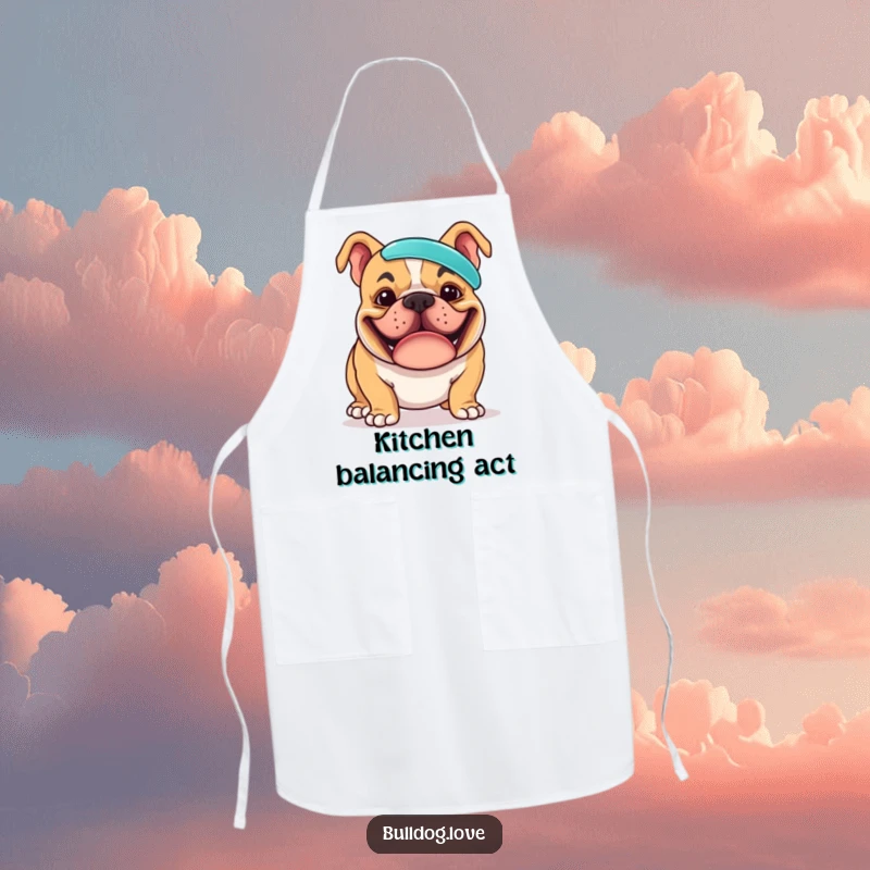 Funny apron design of a bulldog sporting a wide, goofy grin, concentrating hard to balance a frisbee on its nose, making meal prep amusing.