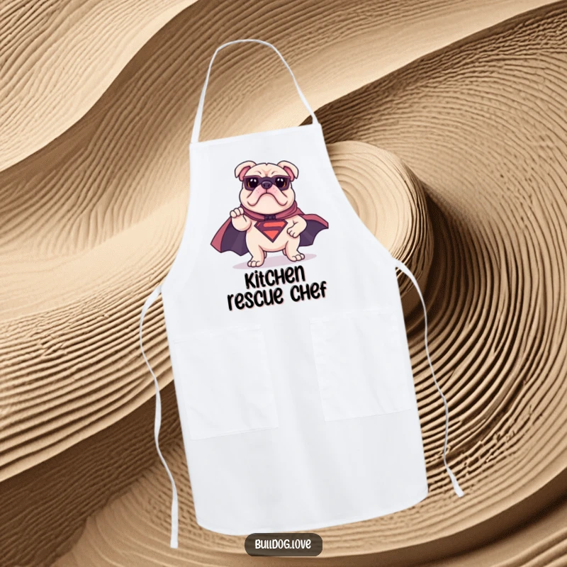 Funny bulldog apron depicting a bulldog in a superhero cape striking a heroic pose, perfect for saving meals with a smile.