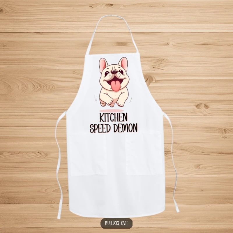 Funny Kawaii Bulldog Apron depicting a dog running with its tongue out, adding a humorous and energetic touch to kitchen wear.