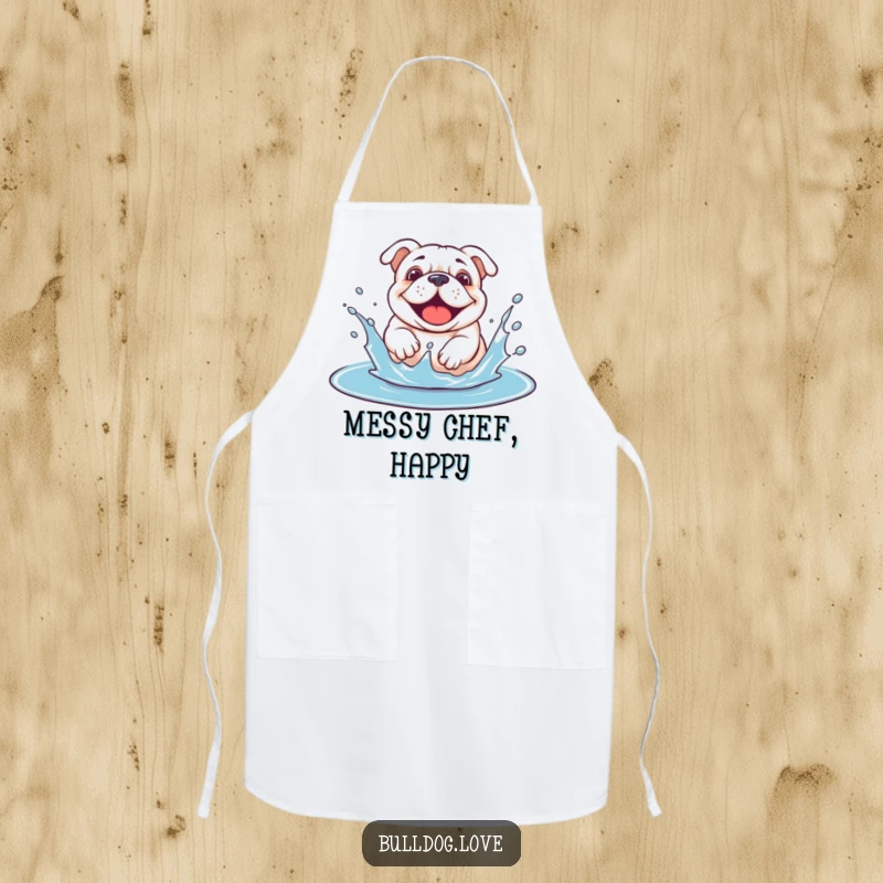 Funny bulldog puddle apron showing a dog gleefully splashing with happy abandon in a muddy puddle.