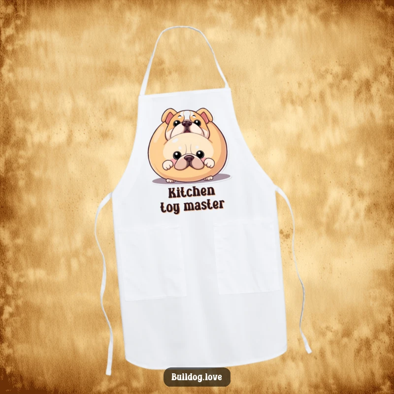 Funny bulldog apron, durable fabric, featuring a dog peeking from behind a giant squeaky toy.