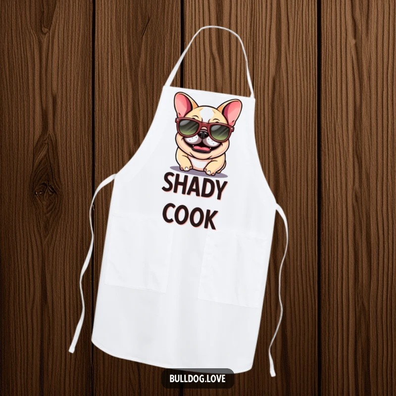 Funny Bulldog Apron: A giggling bulldog with floppy ears wears oversized sunglasses, looking cool and ready for kitchen fun.
