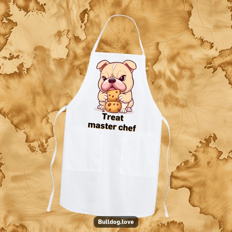 Funny bulldog apron featuring a determined dog focused on balancing a treat, ideal for kitchen tasks with humor.