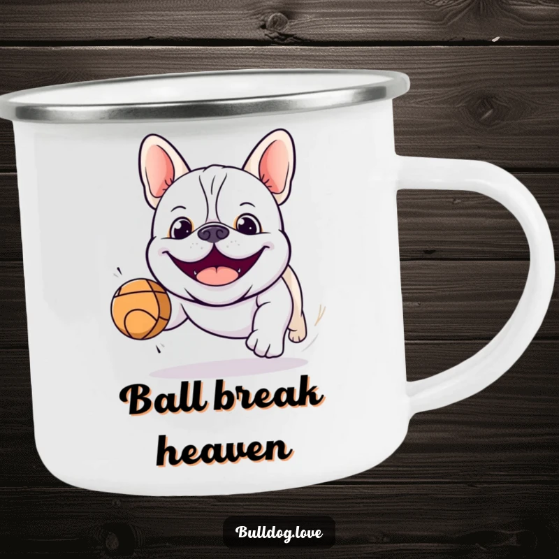 Funny kawaii bulldog camping mug featuring a happy dog chasing a bouncing ball, ready for campfire stories and adventures.