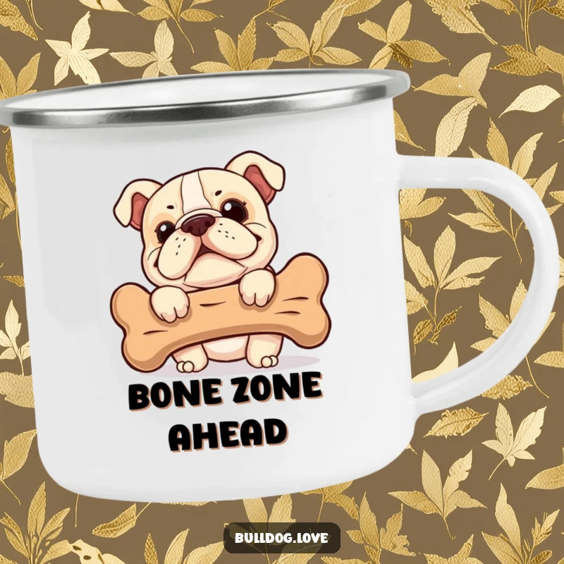 Funny Bulldog Camping Mug: A cheeky bulldog with a grin peeks behind a bone, perfect for outdoor fun.