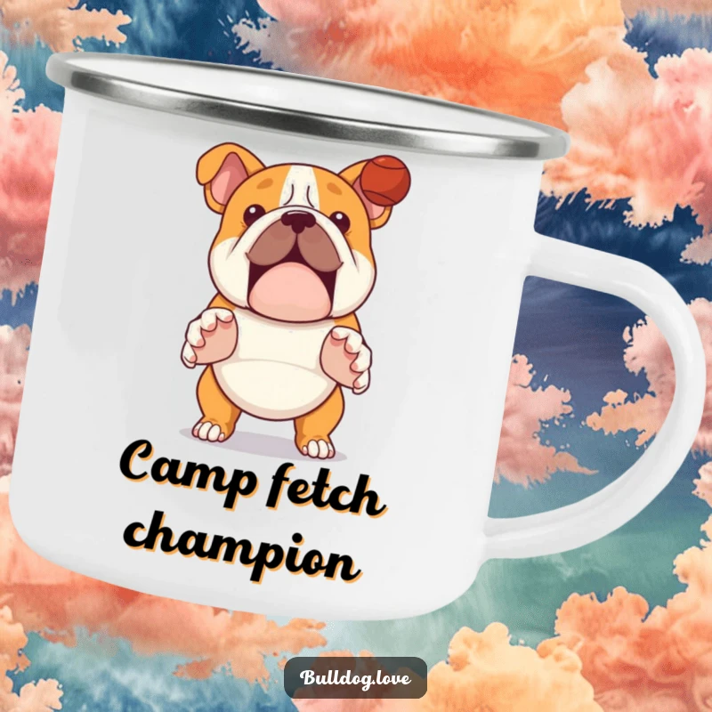 Funny bulldog camping mug, enamel finish, a dog with paws outstretched, ready to catch a ball.