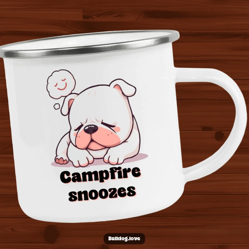 Funny camping mug featuring a sleepy bulldog softly snoring with a happy dream bubble, ready for outdoor relaxation with humor.