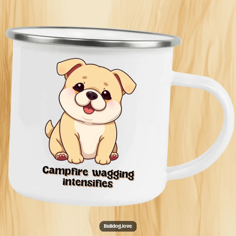 Funny Chubby Dog Camping Mug: Chubby dog with large ears wagging its entire body joyfully in a funny outdoor setting.
