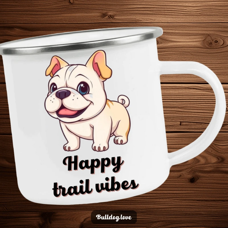 Funny happy bulldog camping mug, enamel finish, with a dog sporting bright eyes and a wagging tail.