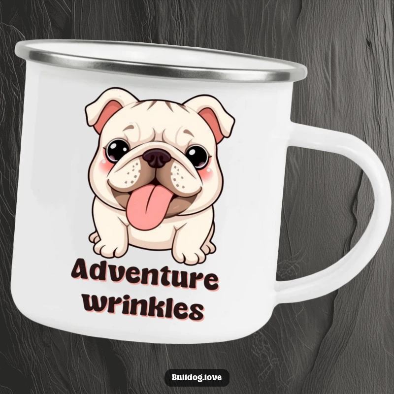 Funny kawaii bulldog camping mug, enamel finish, with a wrinkly face and cheeky tongue-out bulldog.