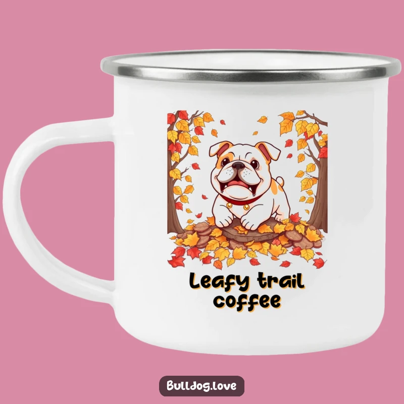 Funny Bulldog Autumn Leaves Camping Mug: Playful Outdoors Companion