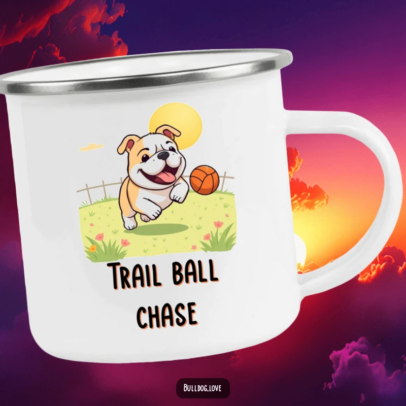 Funny camping mug showcasing a gleeful bulldog joyfully chasing a bouncing ball across a sunny field, perfect for outdoor enthusiasts.