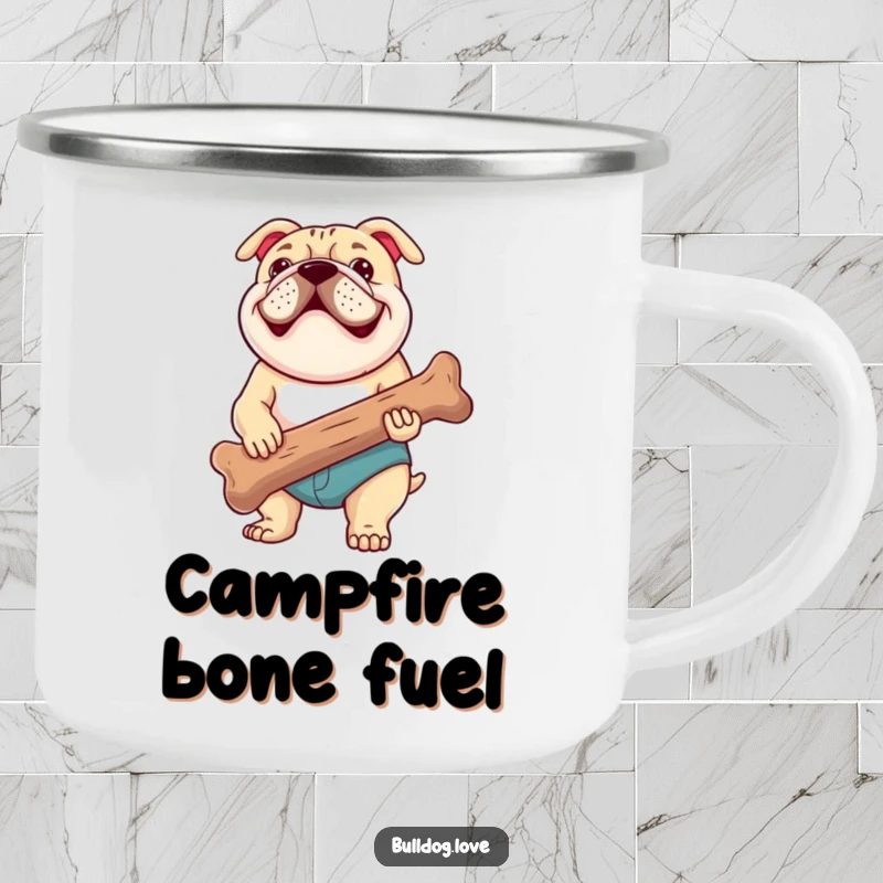 Funny camping mug featuring a happy bulldog proud of its giant, well-chewed bone, perfect for adventurous souls and their canine companions.