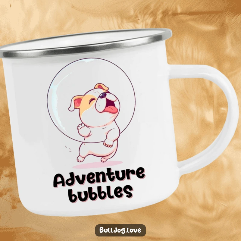 Funny camping mug showing an enthusiastic bulldog playfully chasing a giant bubble with pure joy and energy.