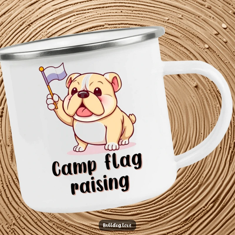 Funny bulldog camping mug with an enthusiastic dog waving a flag, ready for outdoor adventures.