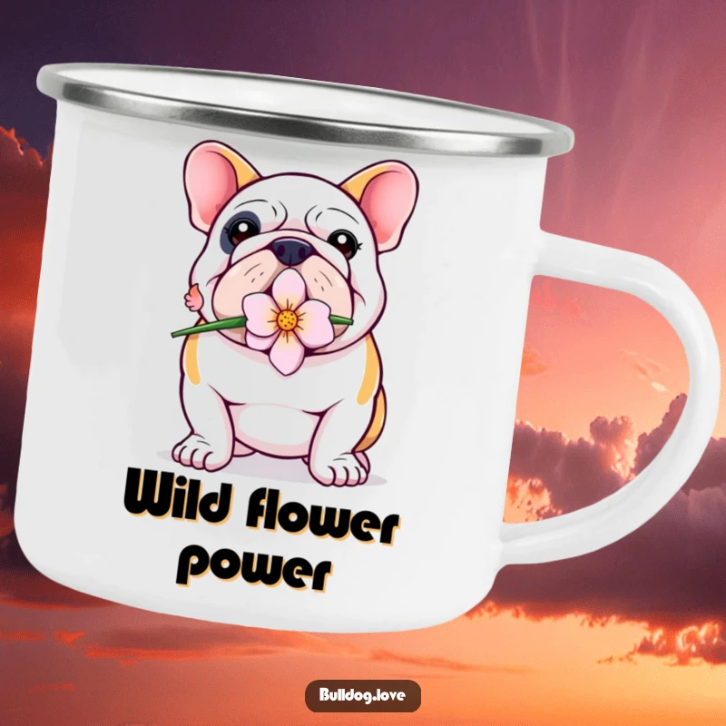 Funny Bulldog Camping Mug: A proud bulldog holds a flower in its mouth, ready for sweet outdoor adventures.