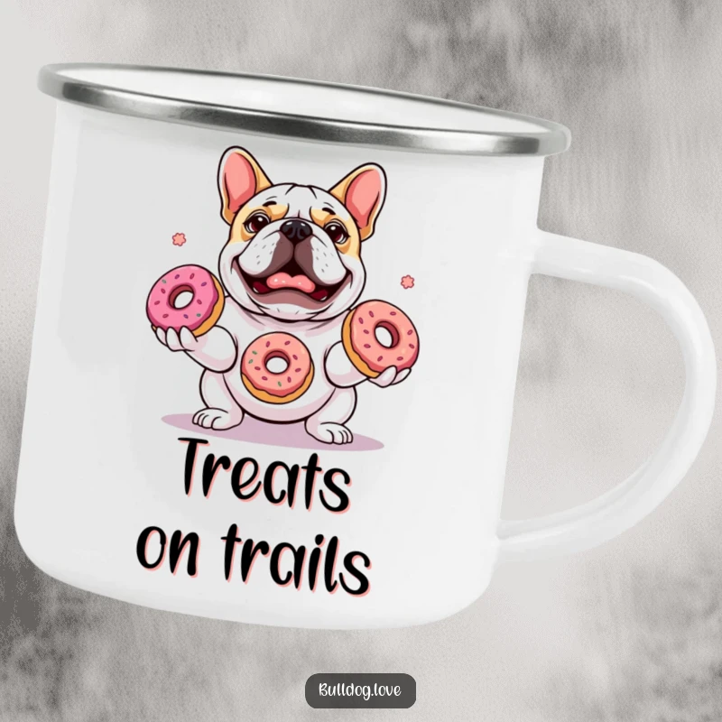 Funny camping mug showing a determined bulldog juggling three colorful donuts with focused delight, ready for any adventure.