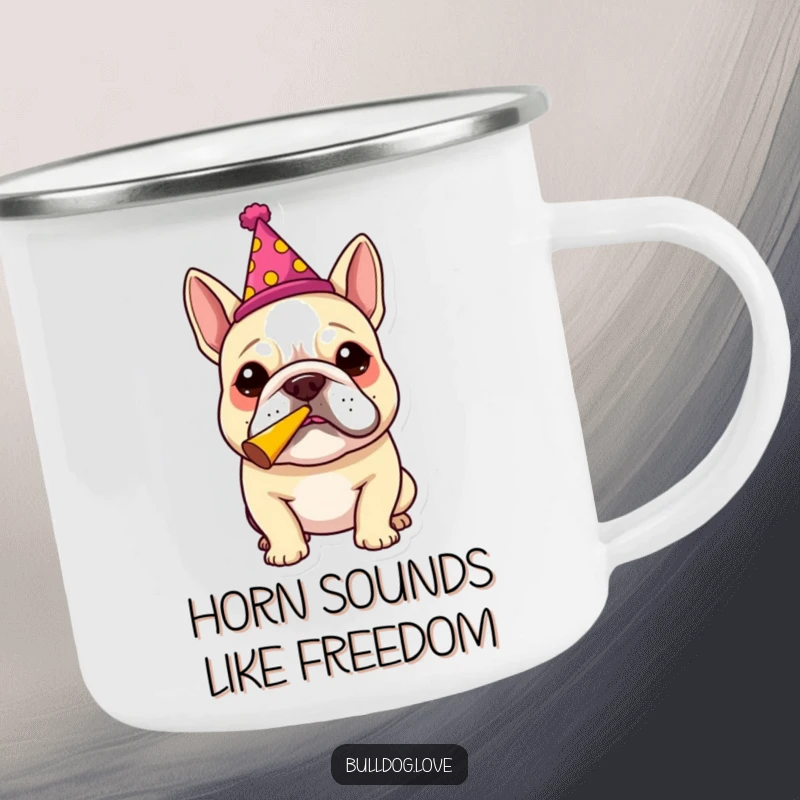 Funny bulldog wearing a party hat, blowing a party horn, depicted on a sturdy camping mug for outdoor party fun.
