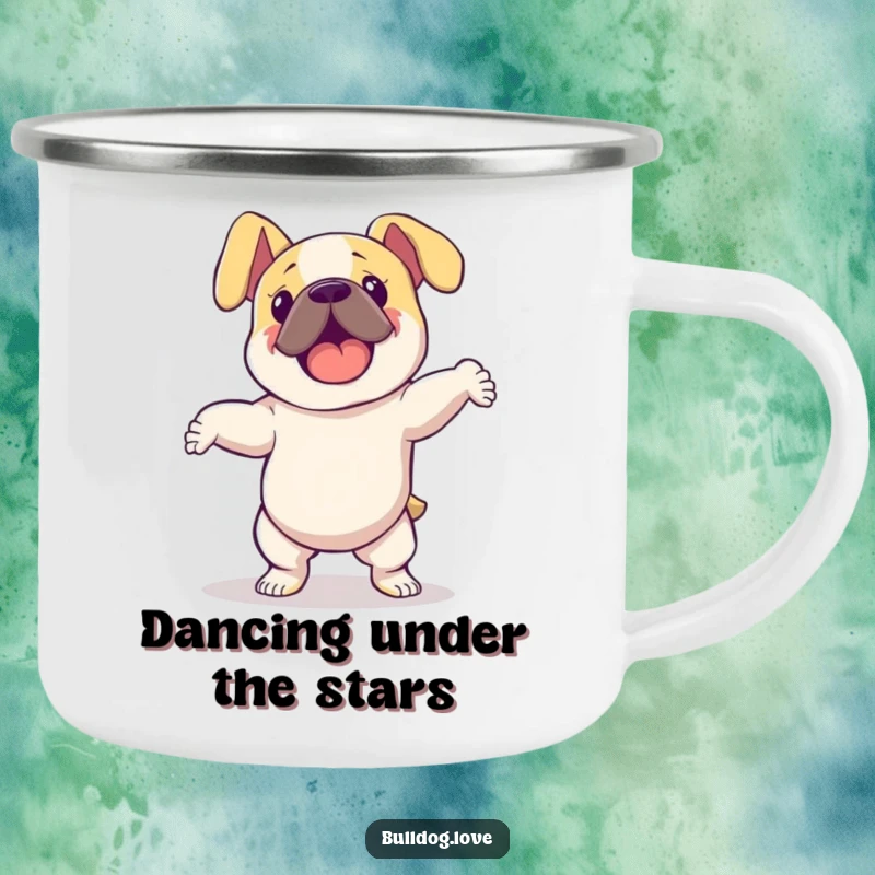 Funny bulldog with floppy ears dancing energetically, depicted on a sturdy camping mug for enjoying beverages during outdoor activities.