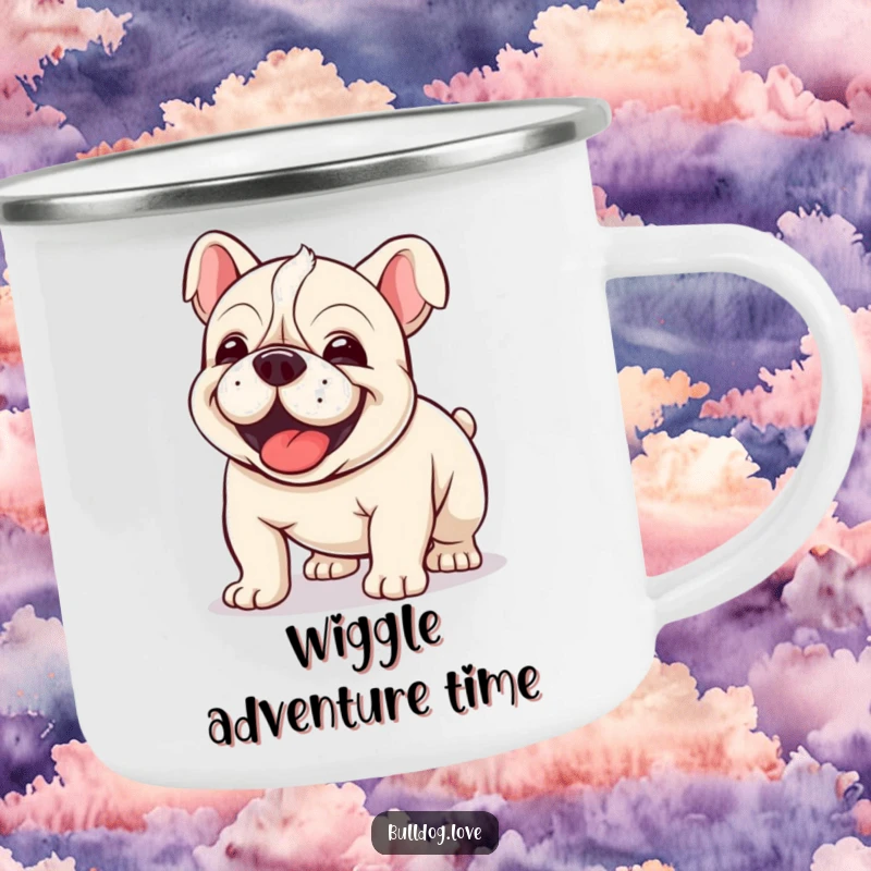 Funny Kawaii Bulldog Camping Mug featuring a dog in a happy wiggle, perfect for cheerful outdoor moments.