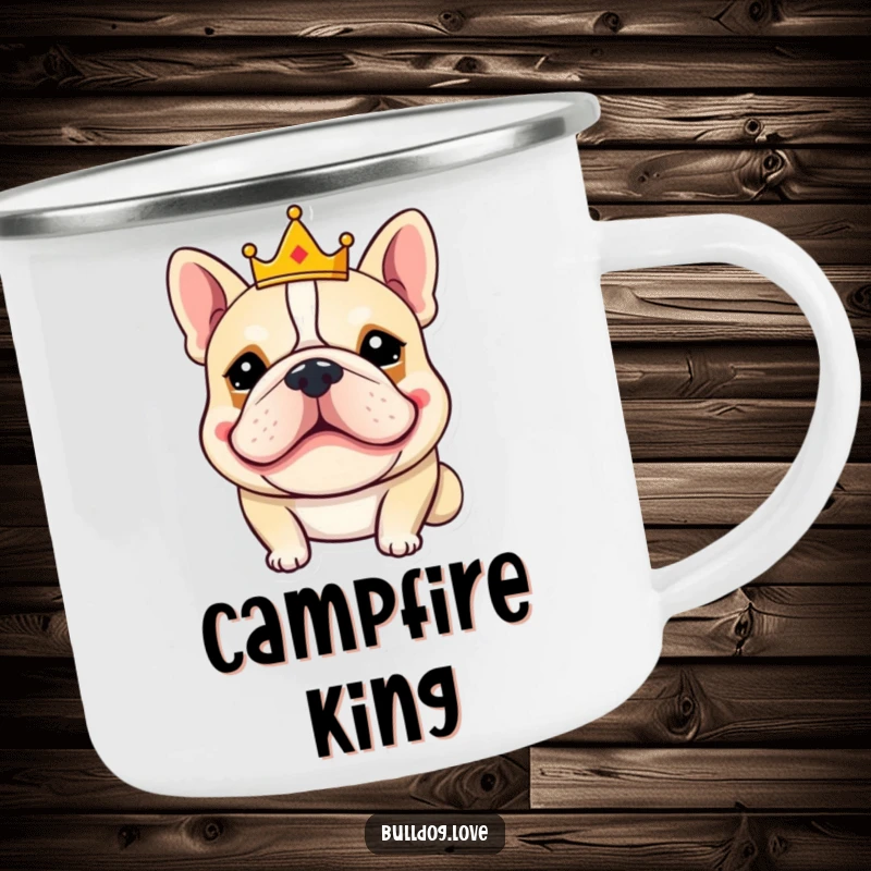 Funny bulldog camping mug showing a goofy-grinning bulldog wearing a small crown, built for adventure and regal camp vibes.