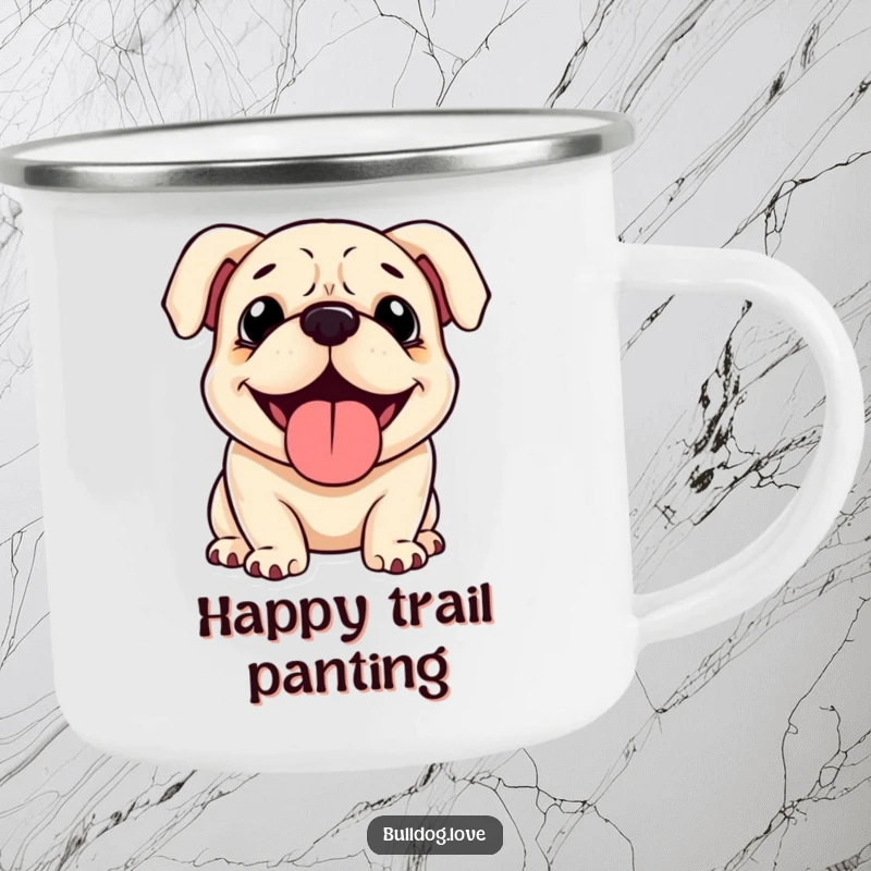 Funny Bulldog Camping Mug: A happy bulldog with floppy ears, panting contentedly, ready for adventures. Durable funny gift.