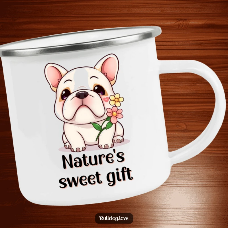 Kawaii bulldog flower camping mug showing a cute dog with a gentle smile, offering a flower.