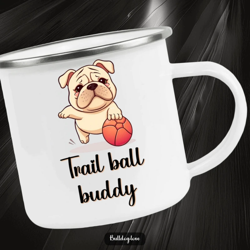 Funny Stocky Dog Camping Mug: Wrinkled face stocky dog enthusiastically chasing a ball in a funny outdoor scene.