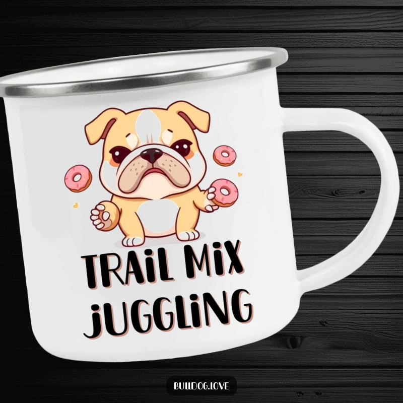 Funny bulldog camping mug featuring a stressed bulldog with a furrowed brow juggling donuts, designed for outdoor humor.