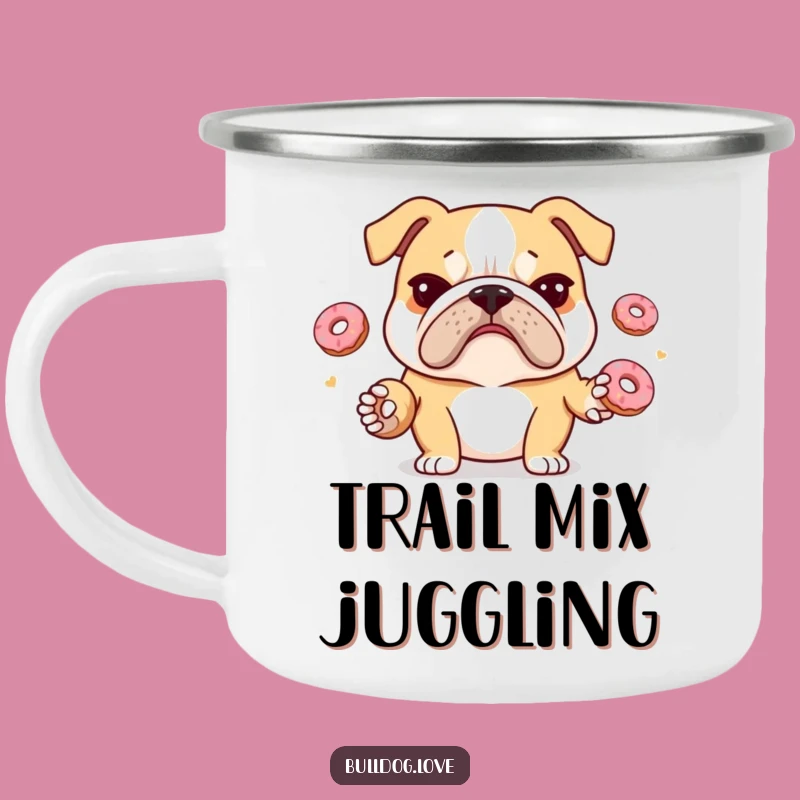 Funny Juggling Bulldog Camping Mug: Stressed Pup Donuts Outdoor Fun, Hilarious Gift