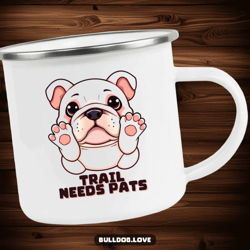 Funny Kawaii Bulldog Camping Mug showing a dog with paws up, asking for a belly rub, perfect for outdoor relaxation and humor.