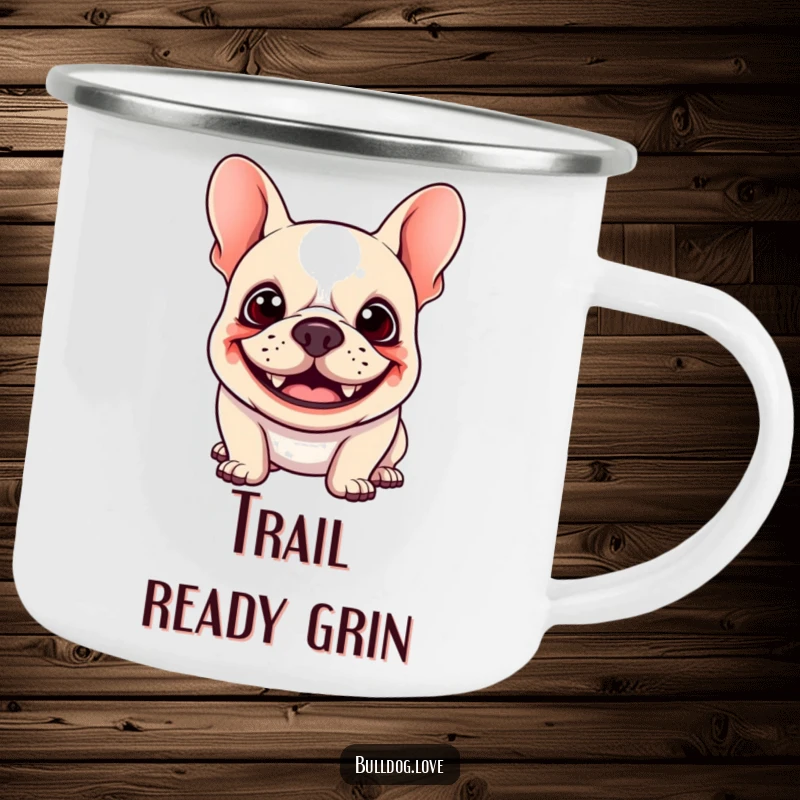 Funny Kawaii Bulldog Camping Mug showing a happy dog with a goofy grin and floppy ears bouncing, ready for outdoor fun and humor.
