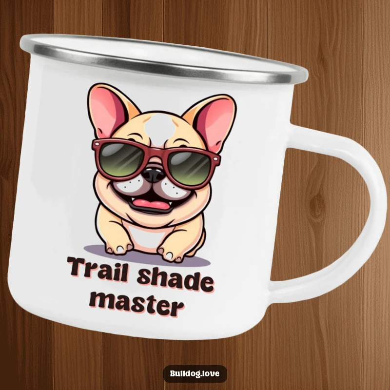 Funny Bulldog Camping Mug: A giggling bulldog with floppy ears wears oversized sunglasses, ready for cool outdoor fun.