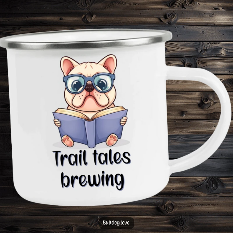 Funny bulldog camping mug featuring a bulldog in oversized glasses reading a large book, designed for outdoor literary enjoyment.