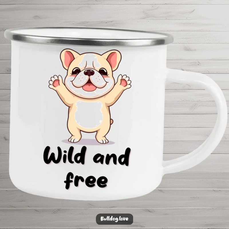 Funny camping mug showing a bulldog joyfully dancing with its paws raised high in the air, ready for adventure.