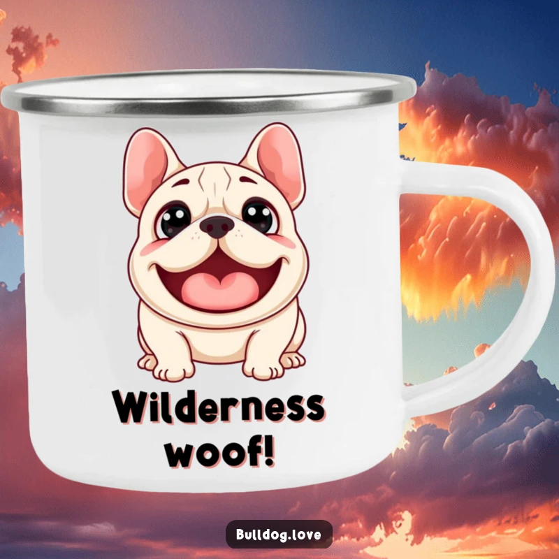 Funny camping mug featuring a surprised bulldog with wide eyes, mid-woof, ready for any outdoor adventure with humorous energy.
